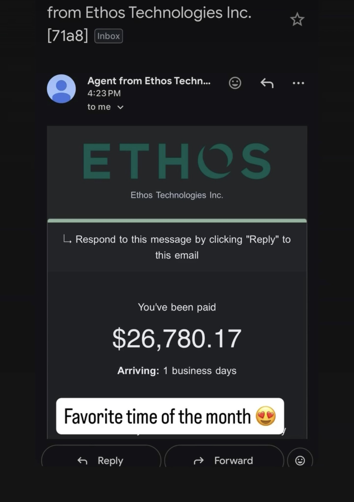 Carrier email showing a commission payout of $26,780.17