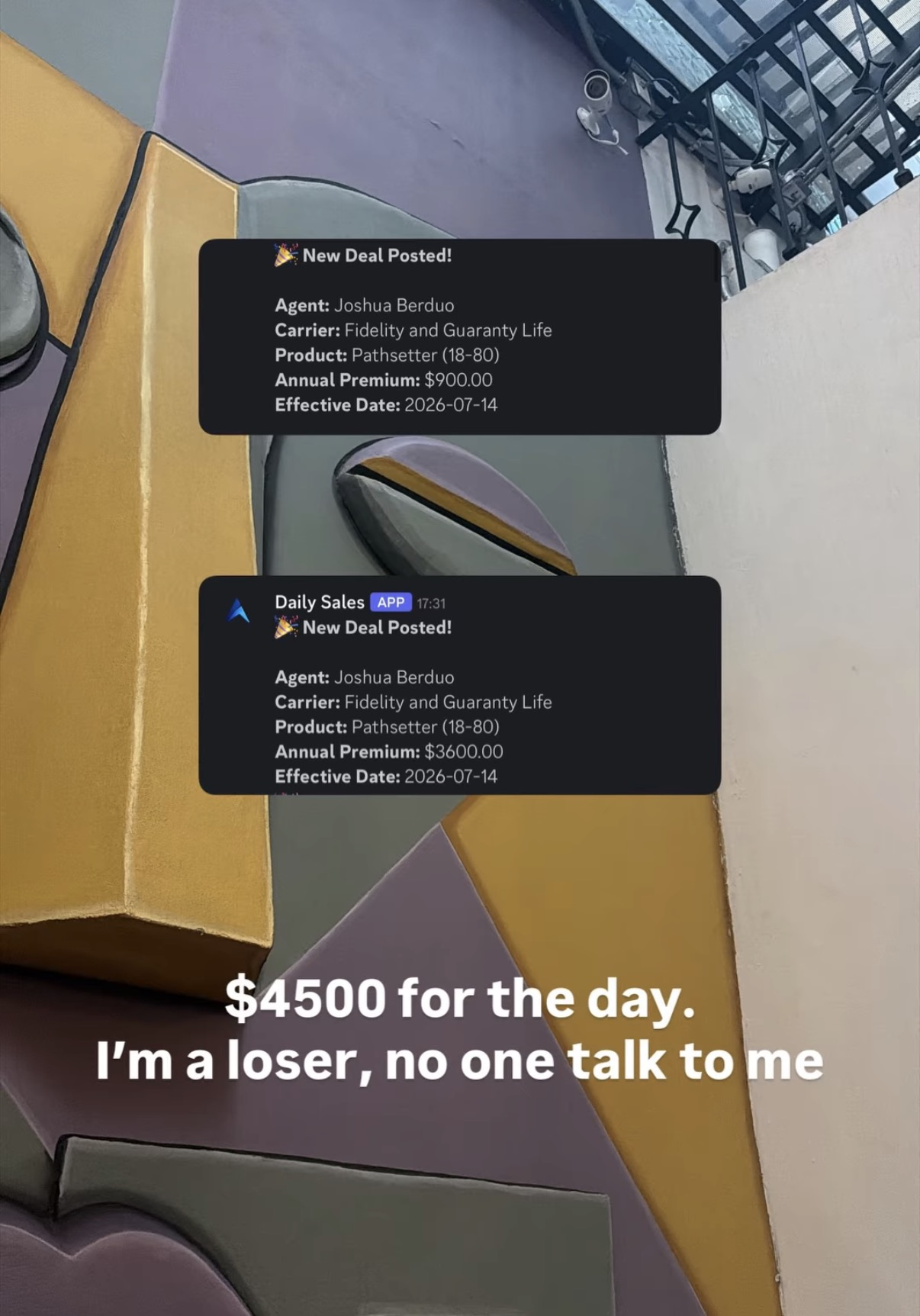 Two deal notifications for agent Joshua Berduo totaling $4,500 in one day